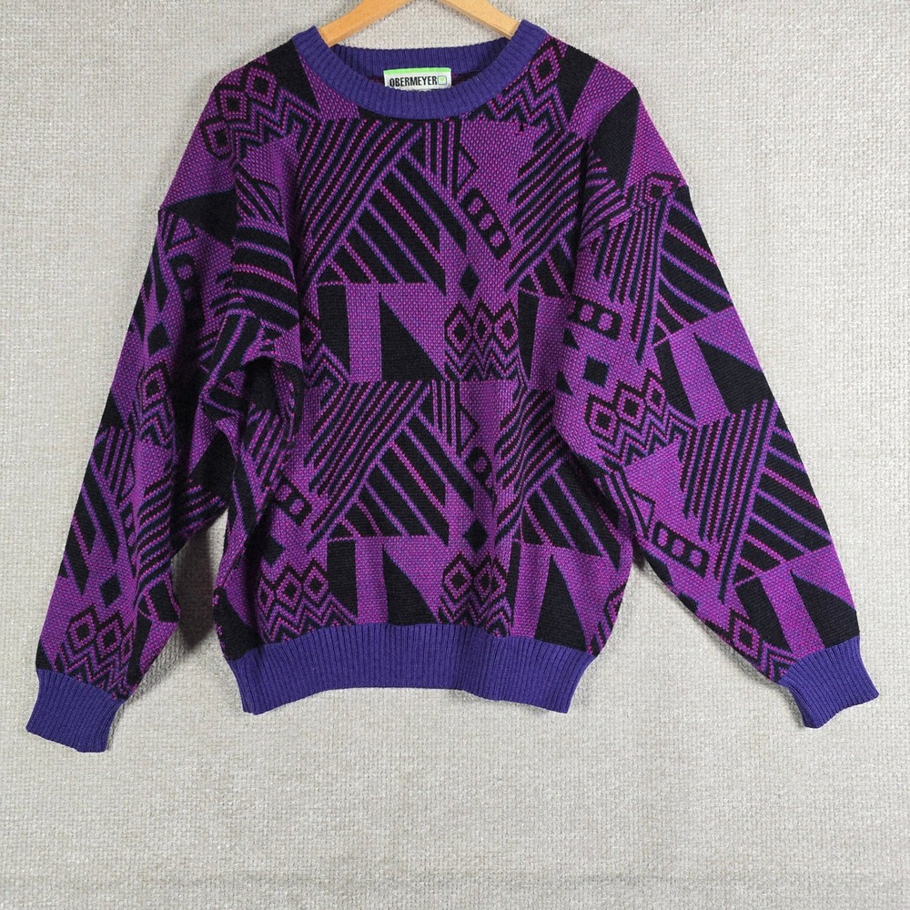 VTG 90s Obermeyer Jackpot Geometric Ski Sweater Mens M Purple Wool Blend Flaw